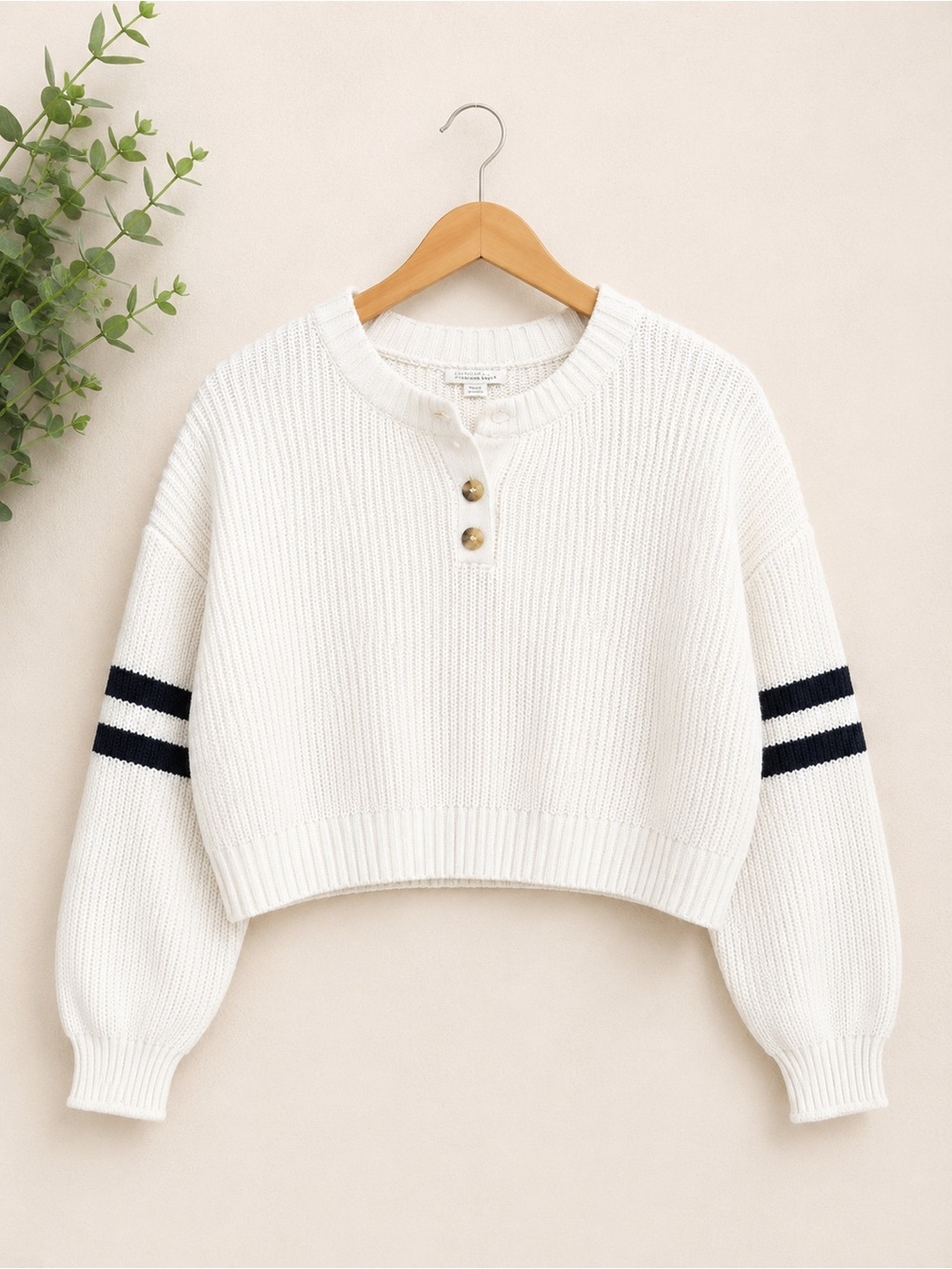 American Eagle Knit Varsity Stripe Cropped Henley Sweater